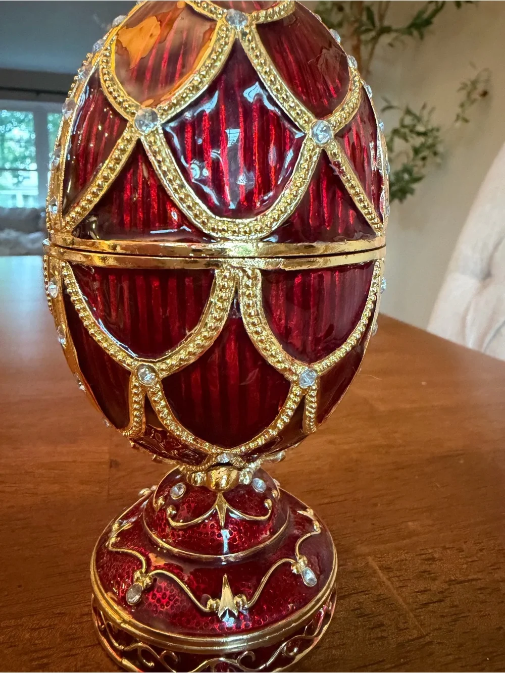 Russian-Styled Red Enamel Fabergé Decorative Egg Trinket Music Box